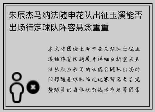 朱辰杰马纳法随申花队出征玉溪能否出场待定球队阵容悬念重重