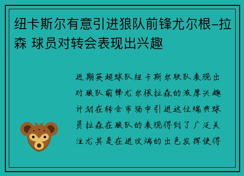纽卡斯尔有意引进狼队前锋尤尔根-拉森 球员对转会表现出兴趣