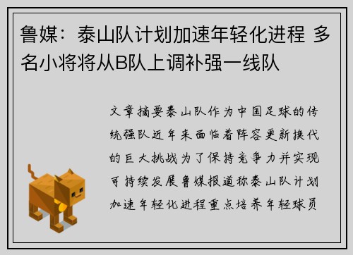 鲁媒：泰山队计划加速年轻化进程 多名小将将从B队上调补强一线队